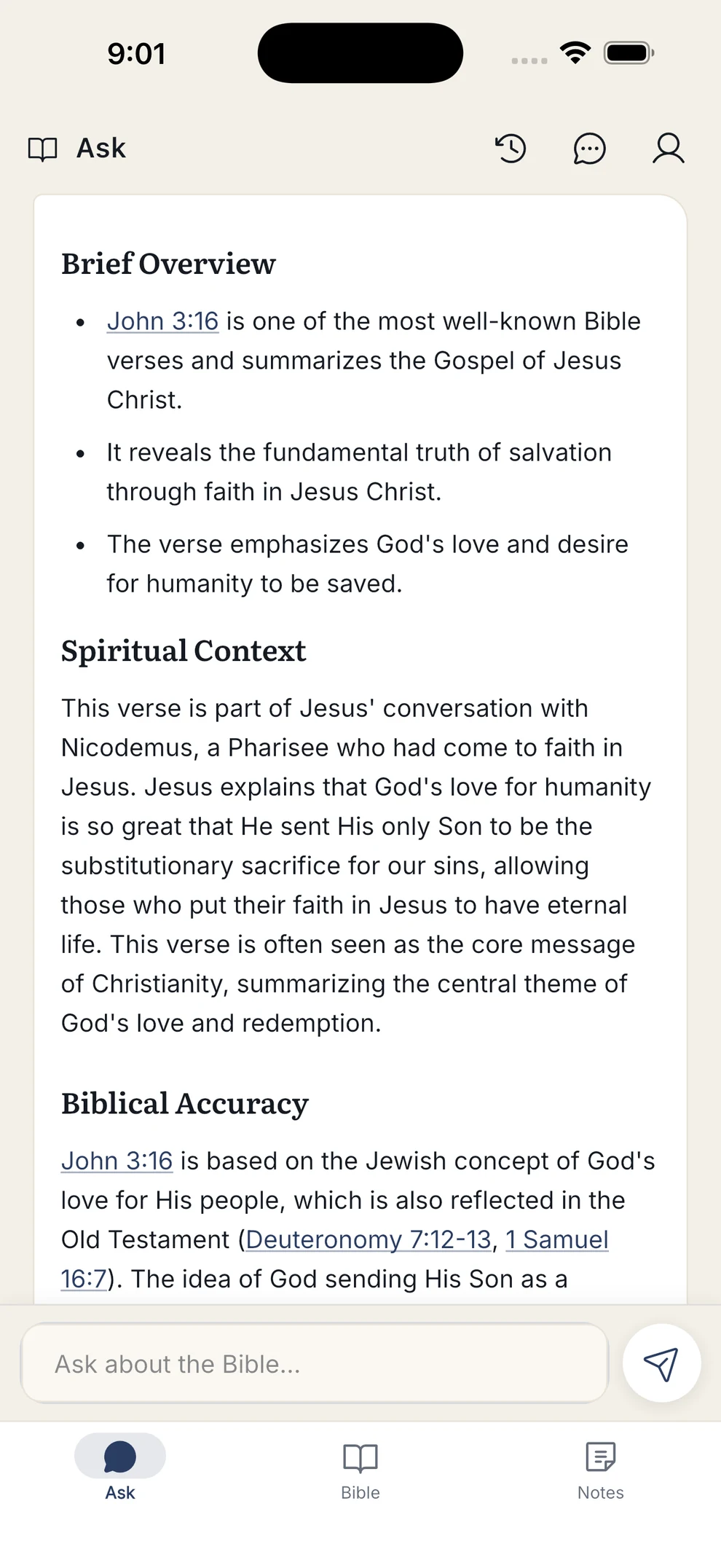 An answer about John 3:16 split into Brief Overview, Spiritual Context and Biblical Accuracy sections