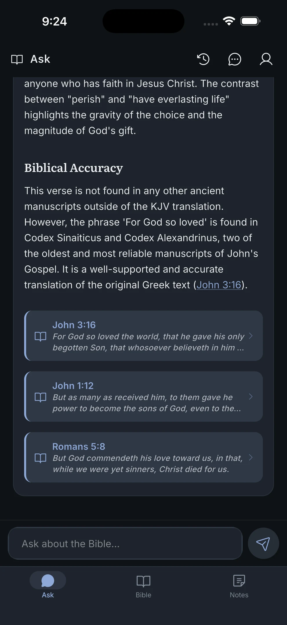 The Ask screen in dark mode