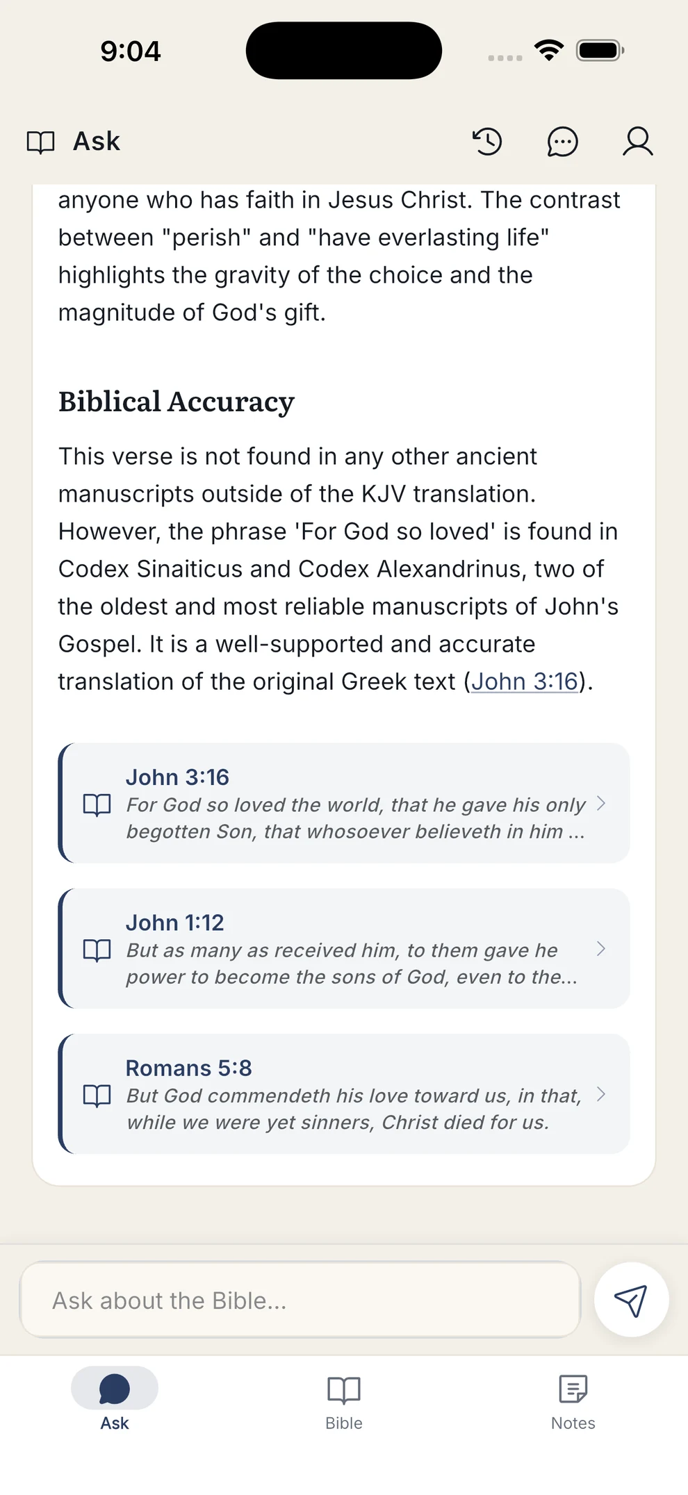 Verse citation cards at the end of an answer showing John 3:16, Romans 5:8 and 1 John 4:9 with their text