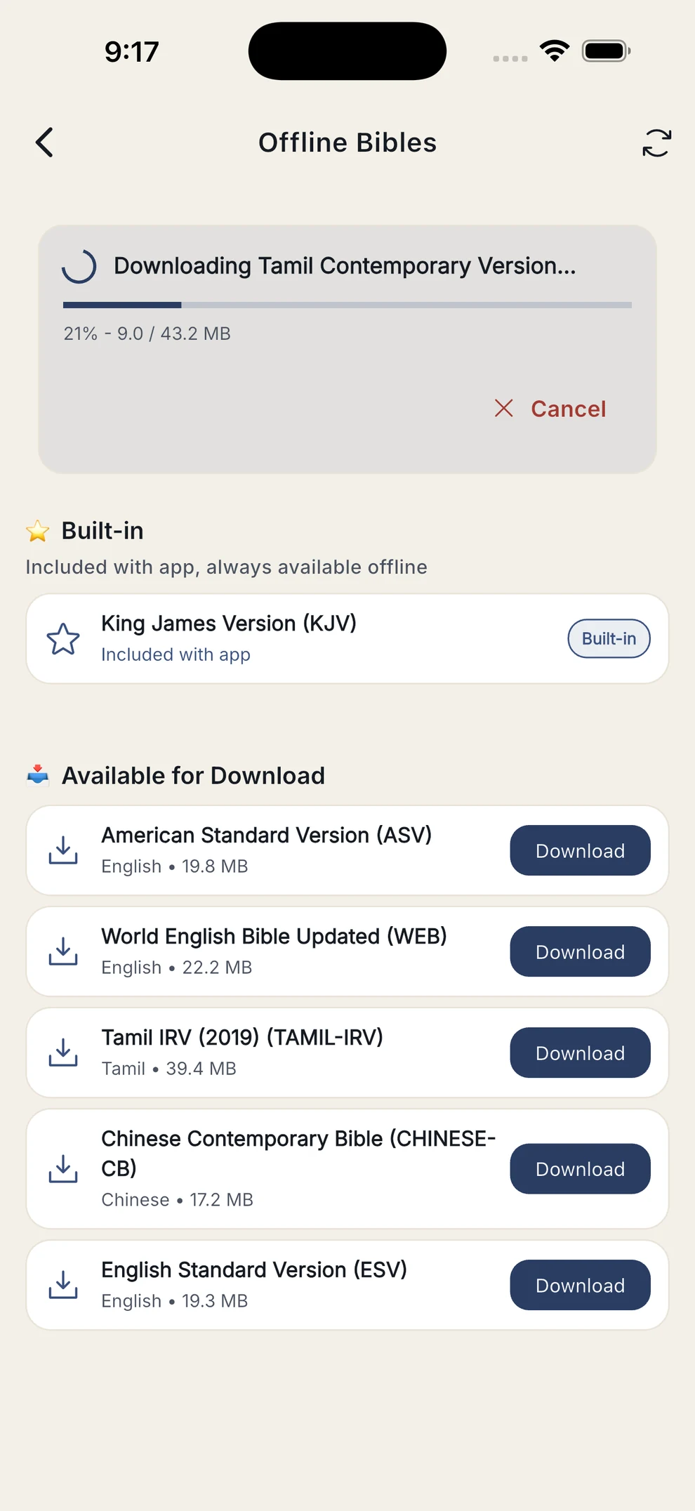 A translation downloading, showing progress and megabytes transferred