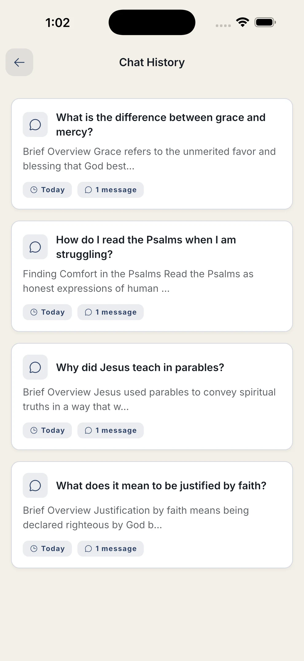 Chat history listing past conversations, each with a preview of its answer and the day it was asked