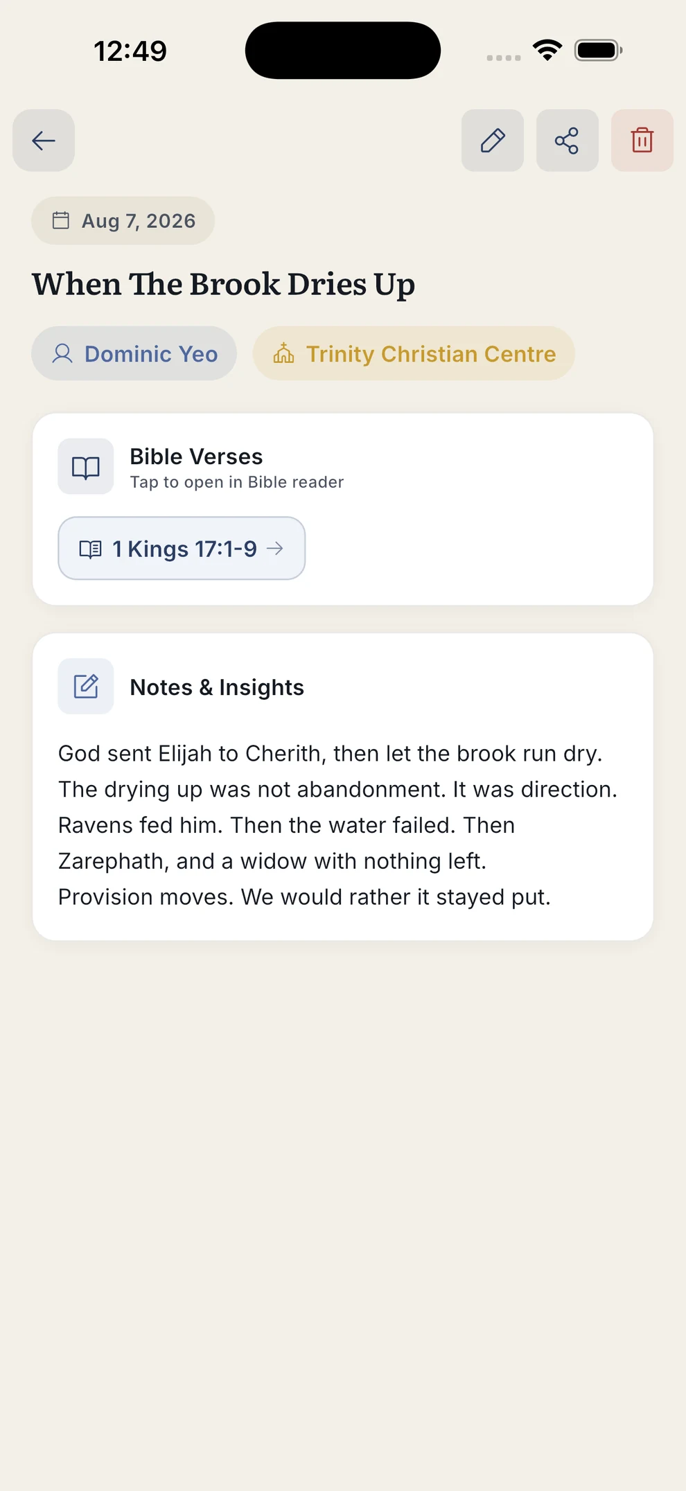 A sermon note titled When The Brook Dries Up, showing the speaker, the church, an attached 1 Kings 17:1-9 reference, and the listener’s written reflections