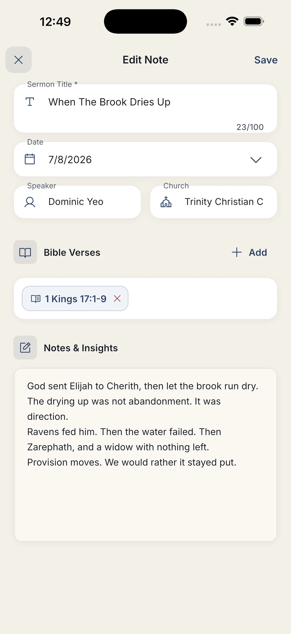 The sermon note editor with title, date, speaker, church, an attached passage and a notes field