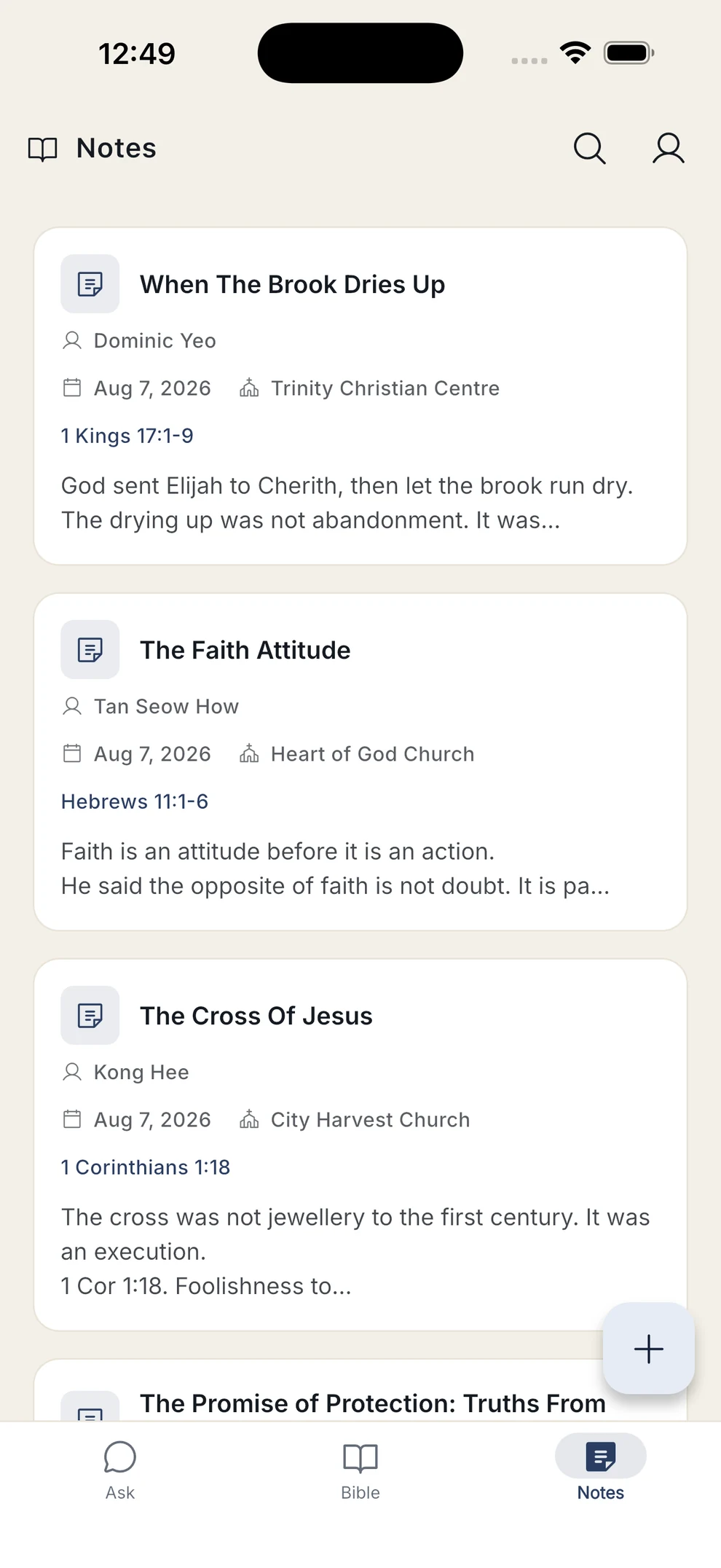 A list of saved sermon notes, each showing its title, speaker, church, date and attached passage