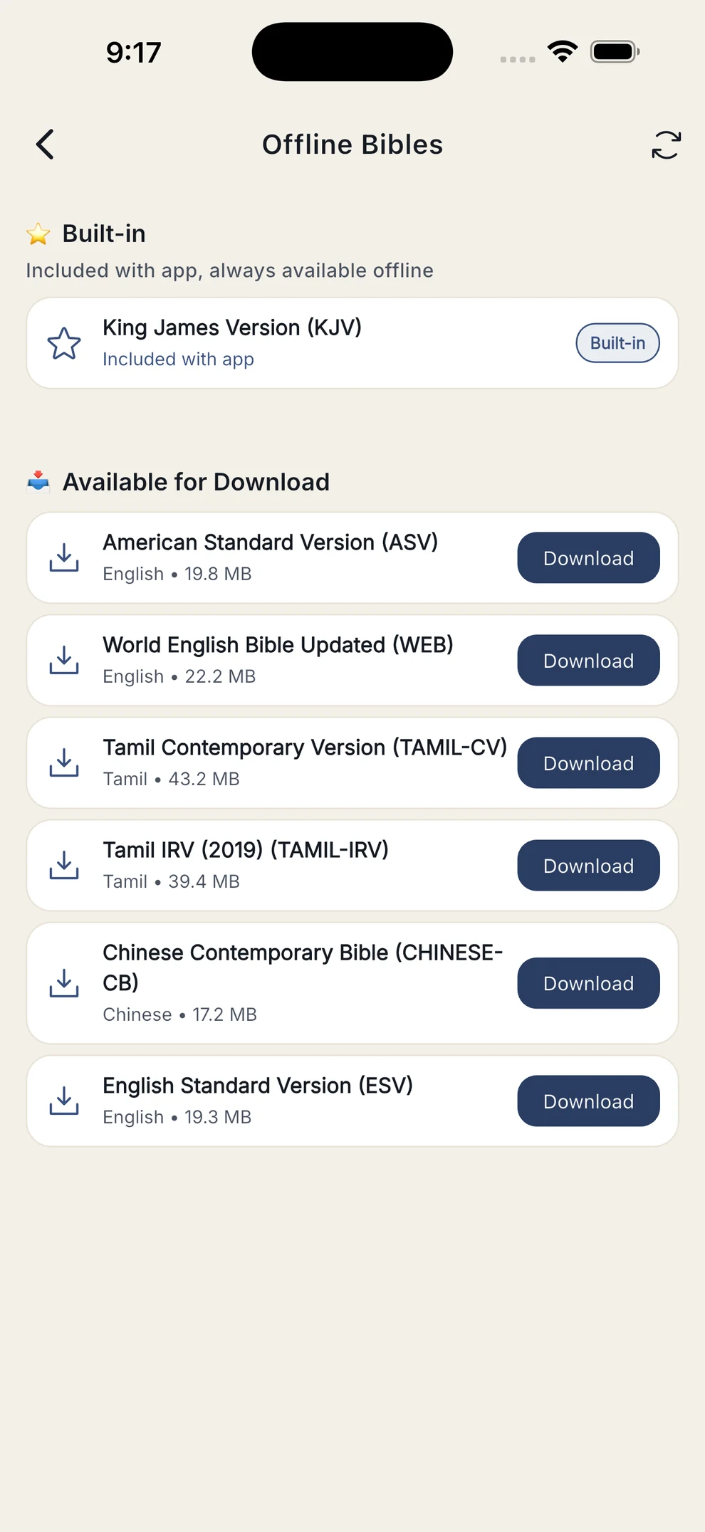 Offline Bibles screen listing the built-in KJV and six downloadable translations