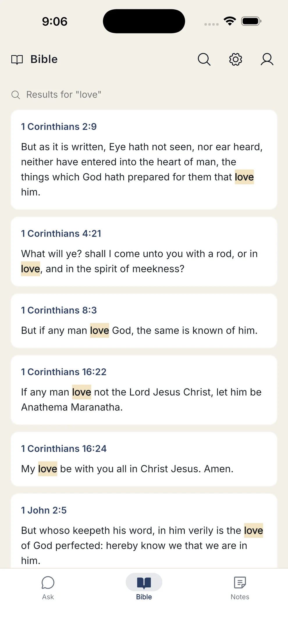 Search results for the word love, with matches highlighted