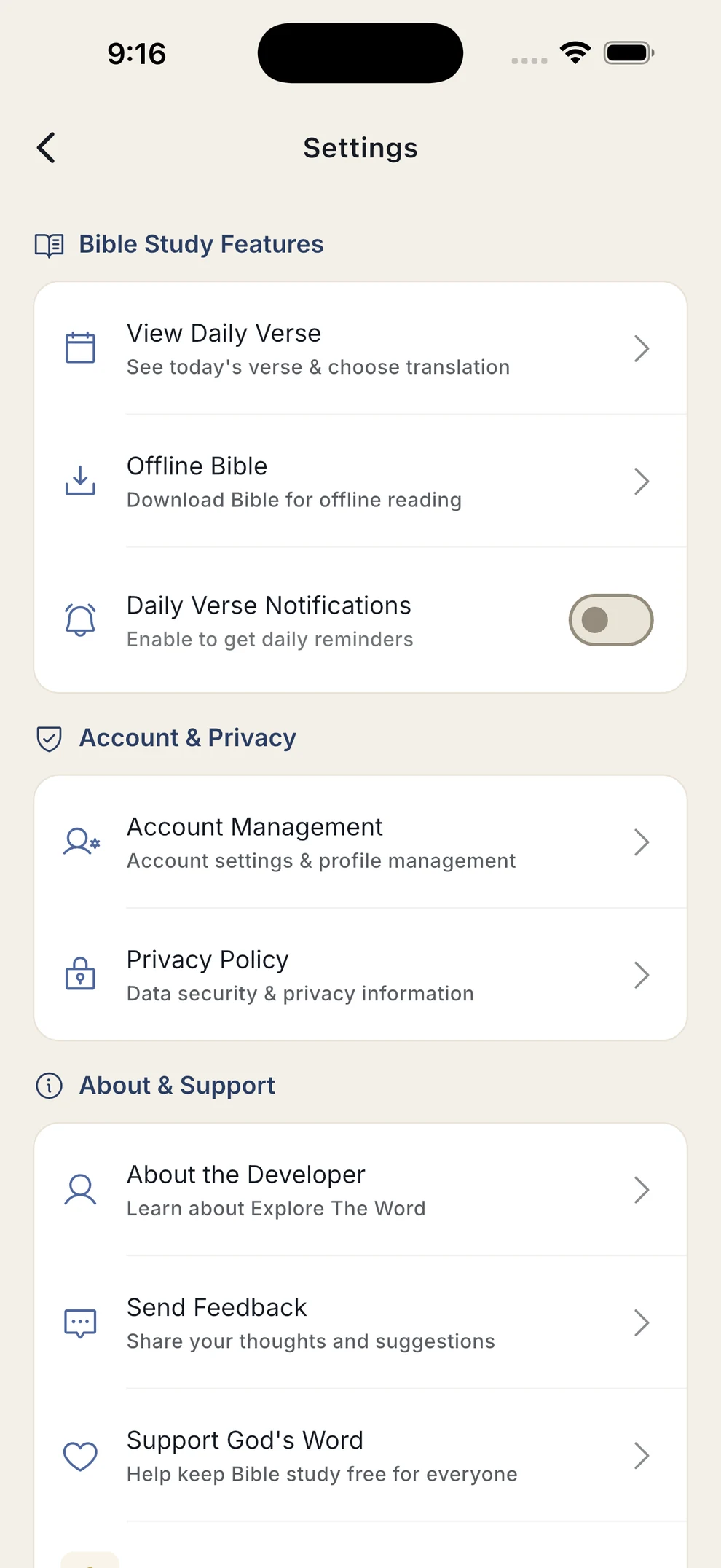 Settings screen